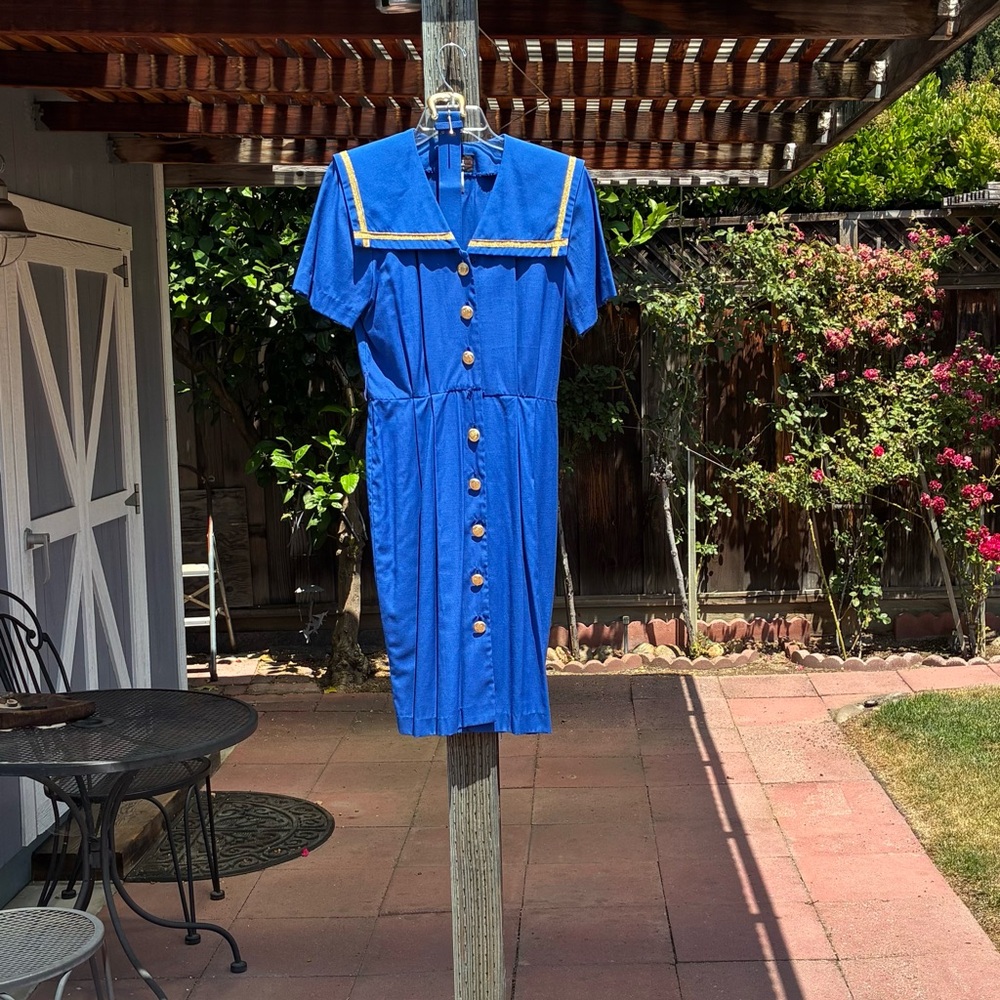 Vintage 80’s Blue Sheath Dress with Short Sleeves and Sailor Collar